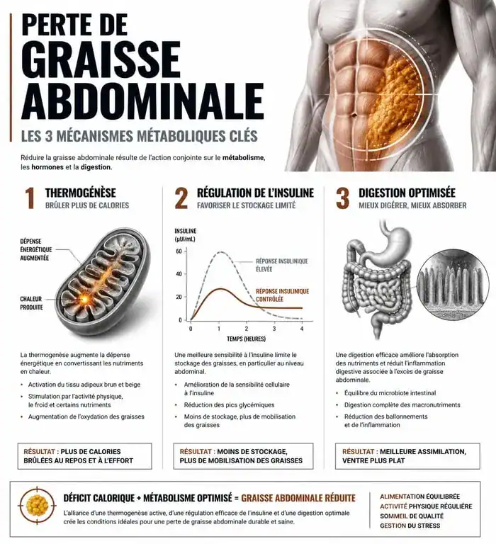 Infographie sur les mécanismes métaboliques pour perdre du ventre et favoriser un ventre plat