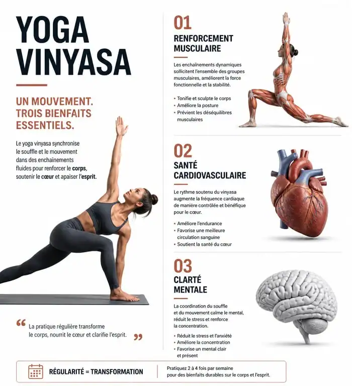 Infographie des bienfaits du yoga vinyasa sur le corps et l'esprit
