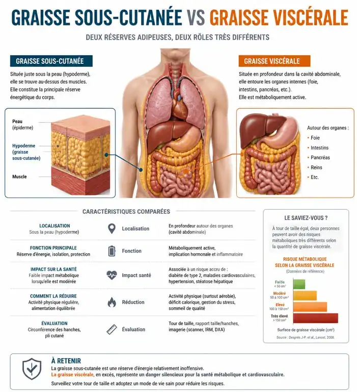 Schéma comparatif de la graisse sous-cutanée et de la graisse viscérale pour comprendre comment maigrir du ventre