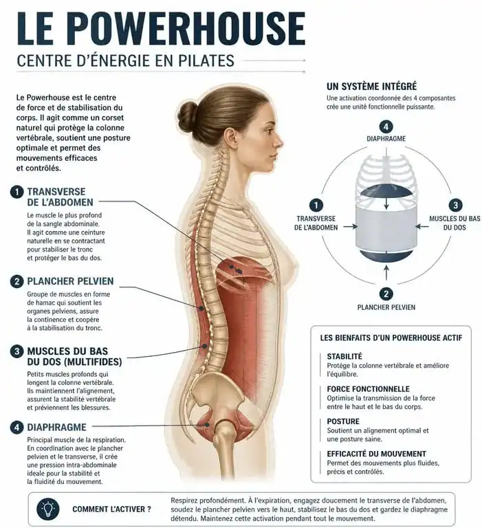 Schéma anatomique du Powerhouse en Pilates pour le renforcement des muscles profonds