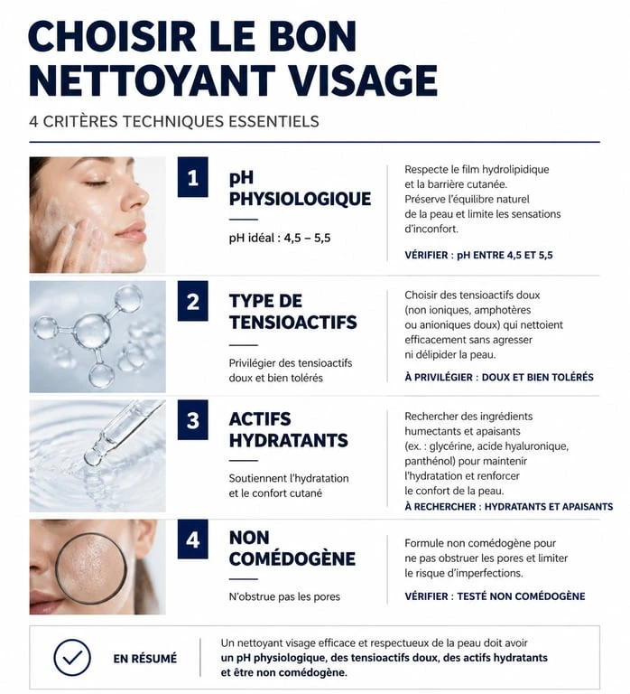 Infographie des critères techniques pour choisir le meilleur nettoyant visage selon son type de peau
