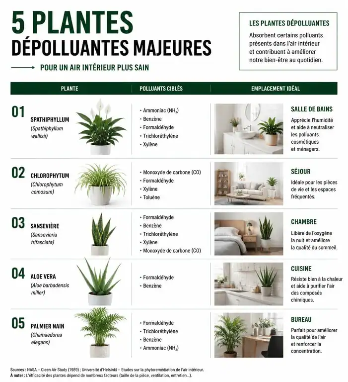 Infographie comparative des plantes d'intérieur dépolluantes et leurs bienfaits sur la qualité de l'air