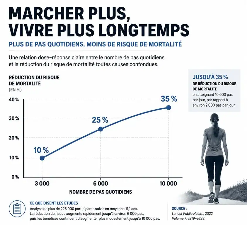 Infographie montrant les bénéfices santé des 6000 pas par jour comparés aux 10 000 pas