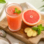 Bienfait jus de pamplemousse verre et fruit frais