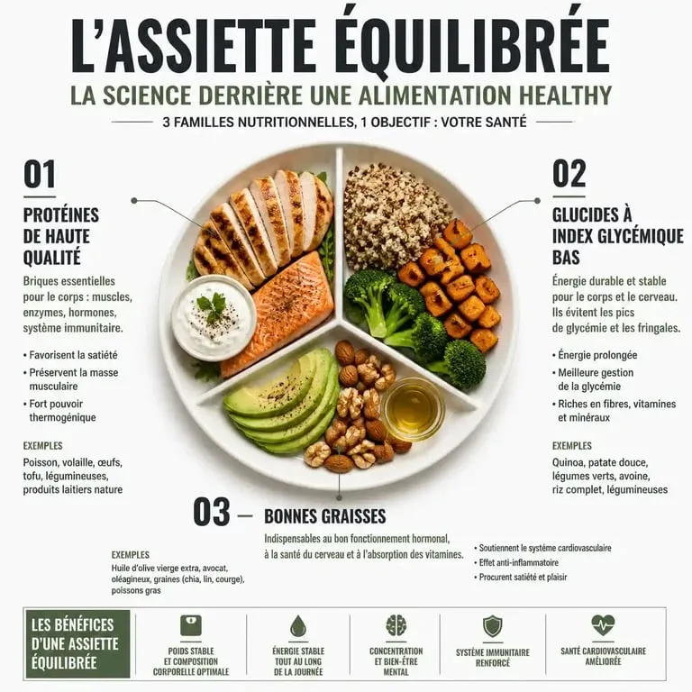 Infographie illustrant les fondamentaux d'une assiette équilibrée pour une alimentation healthy avec protéines, glucides et bonnes graisses
