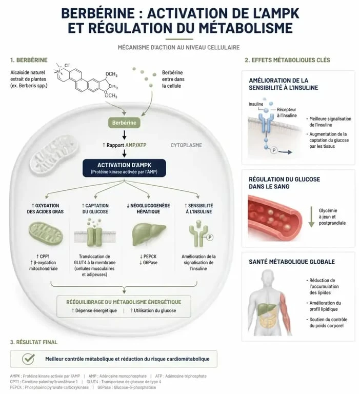 Schéma du mécanisme d'action de la berbérine pour la perte de poids et la régulation métabolique
