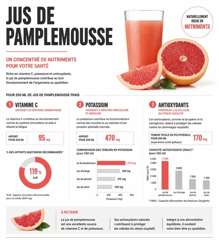 Infographie des bienfaits nutritionnels et santé du jus de pamplemousse