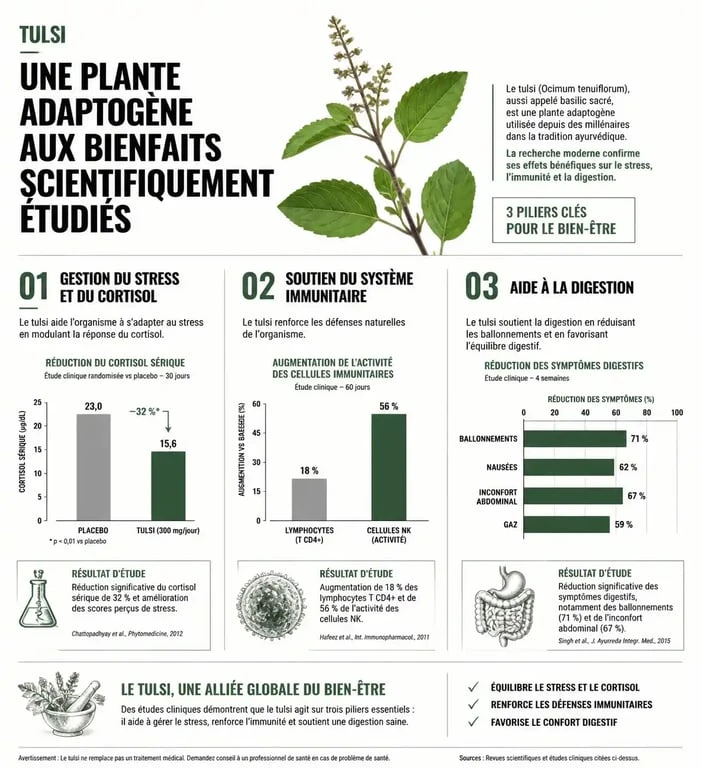 Infographie des bienfaits du tulsi pour la santé et conseils de préparation en tisane