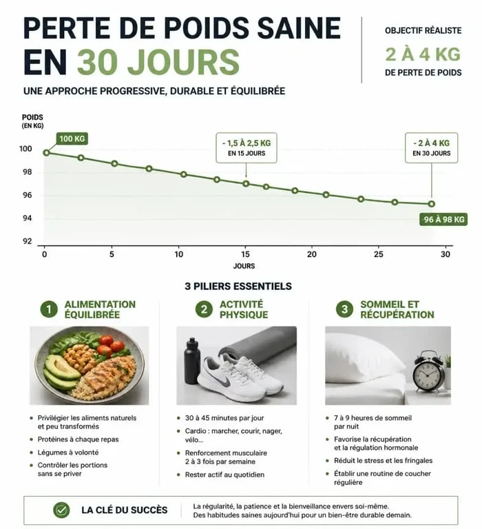 Infographie sur la perte de poids saine en 1 mois et les piliers pour perdre du poids en 1 mois