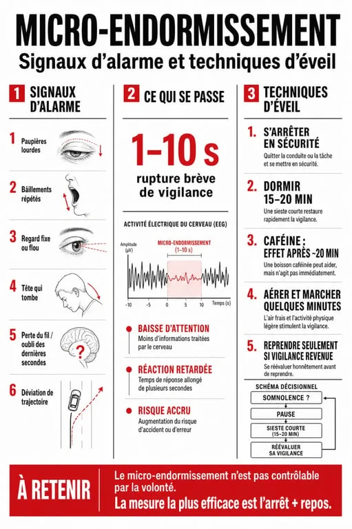 Infographie illustrant les signaux d'alarme du micro-endormissement et les techniques efficaces pour rester éveillé