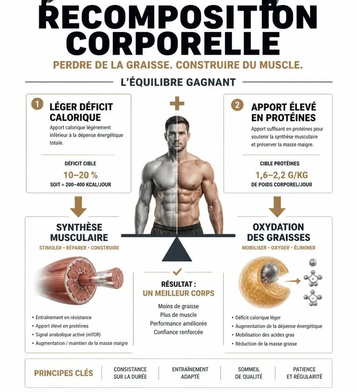 Infographie sur la recomposition corporelle : alimentation pour prendre du muscle et perdre de la graisse