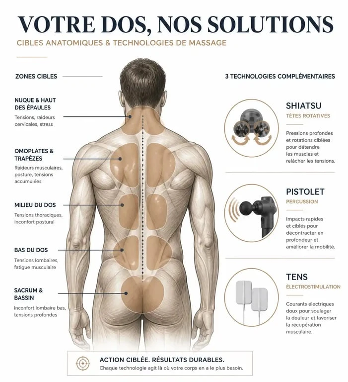 Schéma explicatif des différentes technologies d'appareil de massage pour le dos
