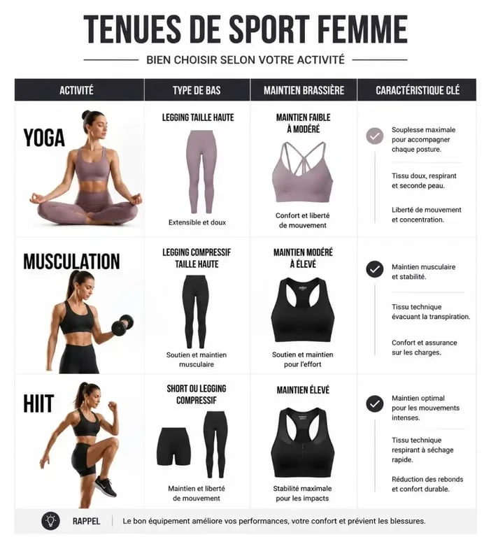 Tableau comparatif des tenues de sport pour femme selon l'activité physique