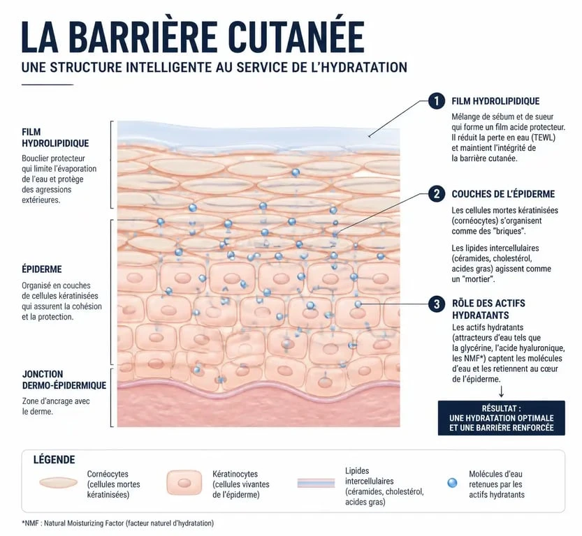 Schéma explicatif de la barrière cutanée et du mécanisme pour bien hydrater sa peau