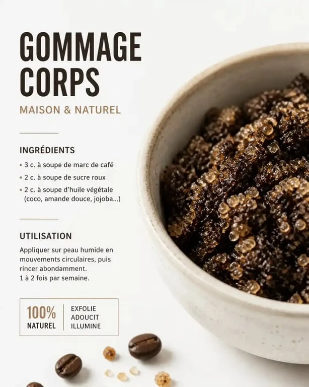 Gommage corps maison au café et sucre roux dans un bol en céramique pour une peau douce