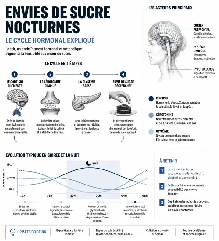 Infographie expliquant les mécanismes hormonaux derrière l'envie de sucre le soir