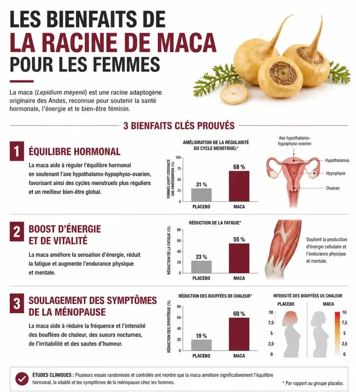 Infographie des bienfaits de la maca pour la femme : équilibre hormonal, énergie et ménopause