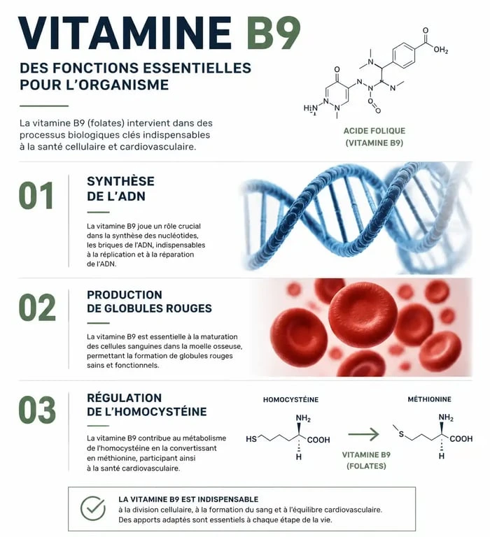 Infographie sur les bienfaits et rôles de la vitamine B9 dans l'organisme