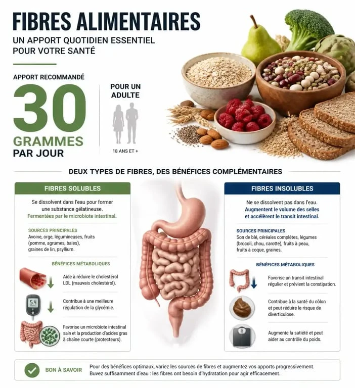 Infographie sur les apports recommandés en fibres par jour pour une alimentation équilibrée