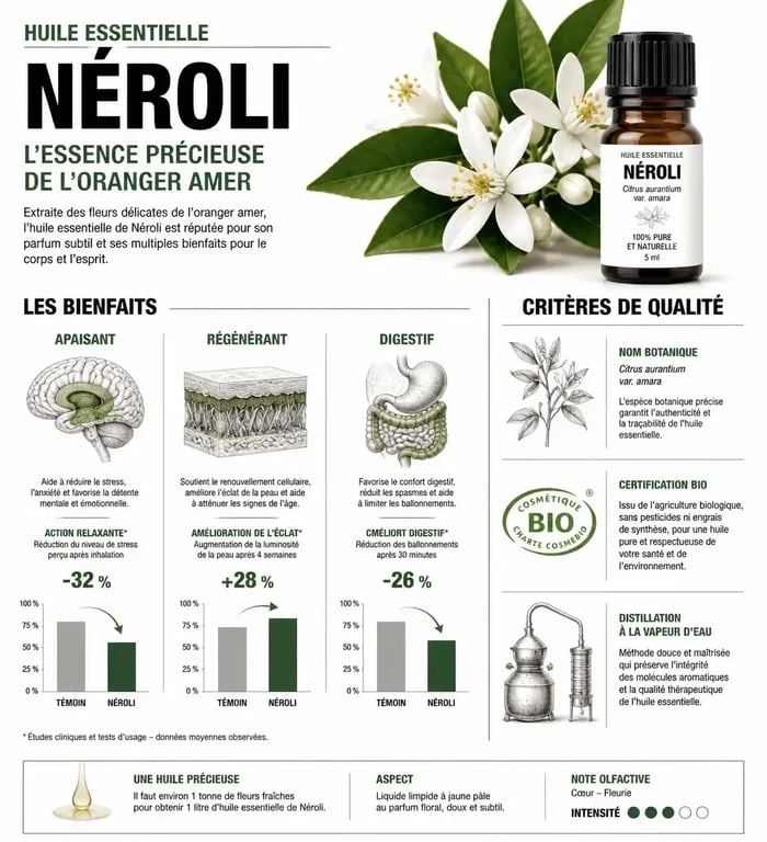 Infographie des bienfaits et critères de qualité de l'huile essentielle de fleur d'oranger Néroli