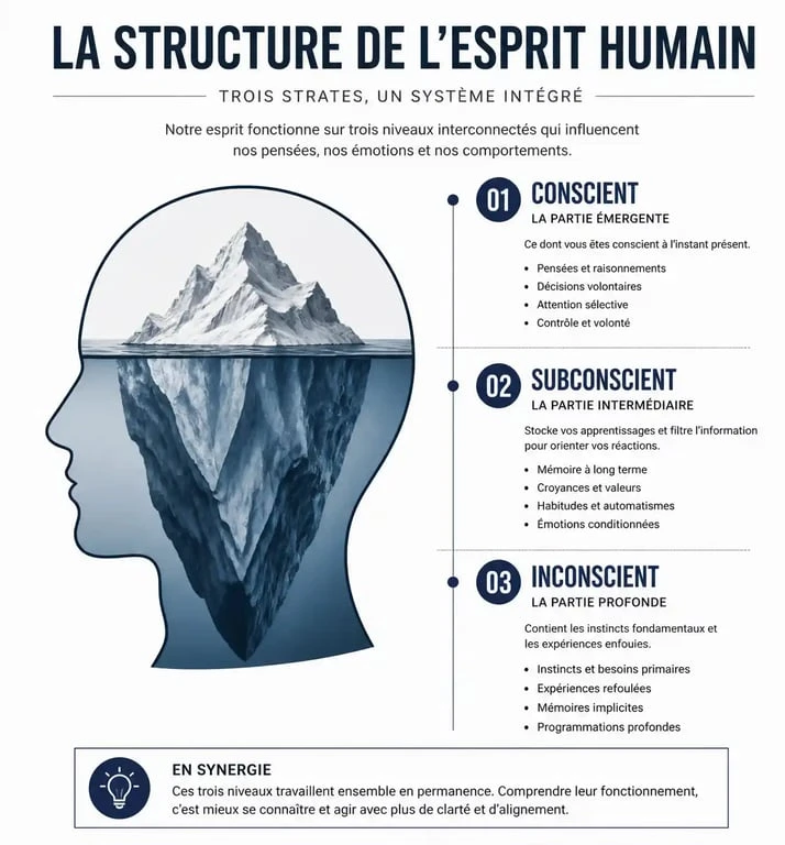 Schéma illustrant la différence entre le conscient, le subconscient et l'inconscient