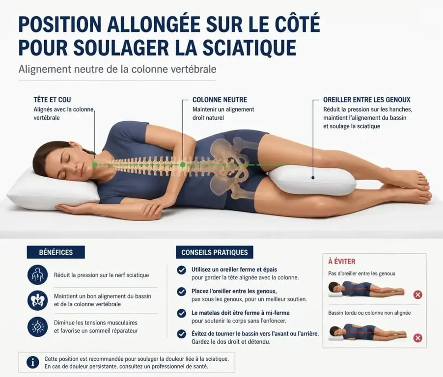 Position pour soulager la sciatique en dormant sur le côté avec un coussin entre les genoux