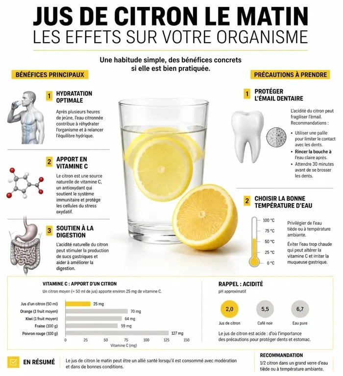Infographie sur les bienfaits et précautions pour boire du jus de citron le matin à jeun