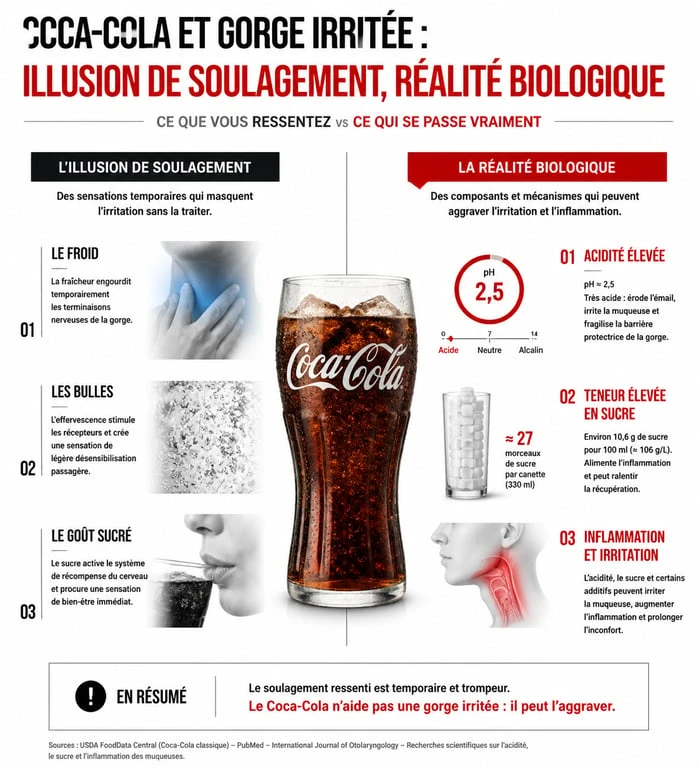 Infographie comparant les effets du Coca-Cola sur une angine : illusion de fraîcheur contre réalité de l'acidité et du sucre