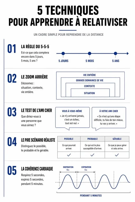 Infographie des 5 techniques pour apprendre à relativiser et mieux gérer son stress au quotidien