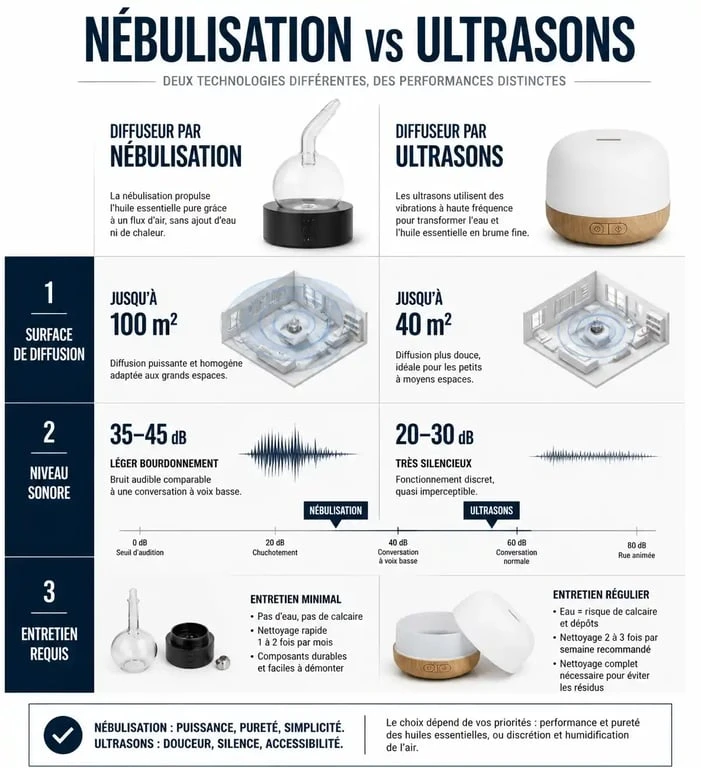 Comparatif des technologies de diffuseurs d'huiles essentielles : nébulisation vs ultrasons pour choisir le meilleur modèle.