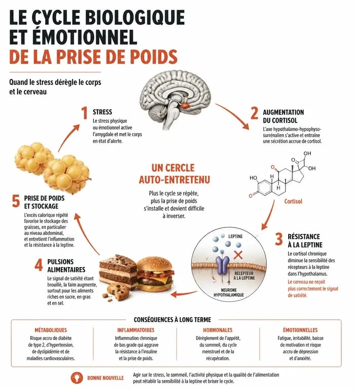 Schéma explicatif des mécanismes biologiques et psychologiques expliquant pourquoi on a du mal à maigrir malgré la volonté