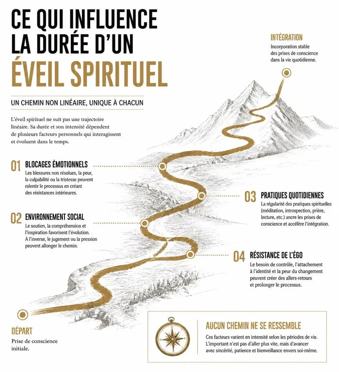 Infographie des facteurs influençant la durée d'un éveil spirituel : blocages émotionnels, environnement, pratiques et ego.