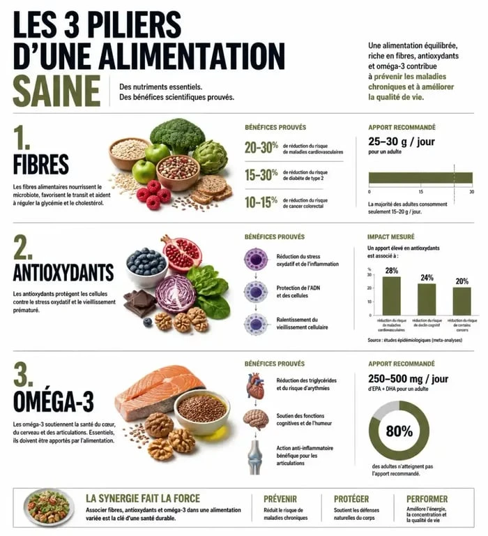 Infographie sur les bienfaits des aliments bons pour la santé : fibres, antioxydants et oméga-3