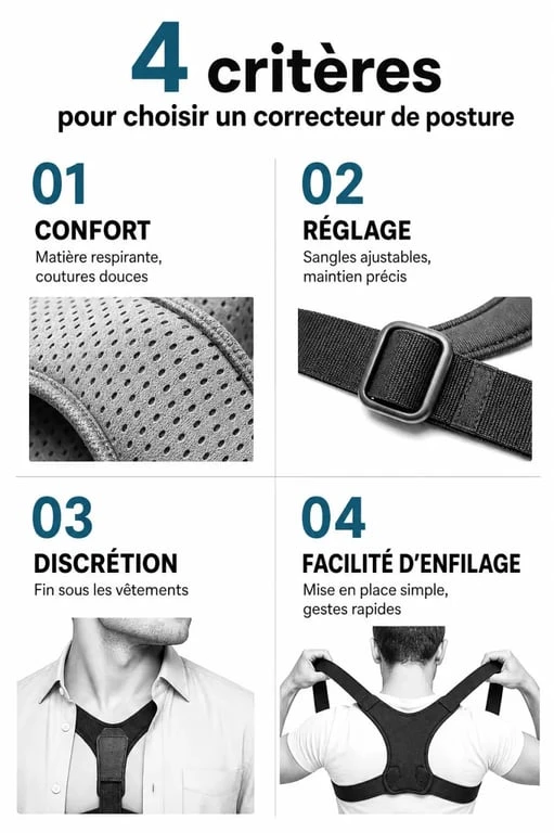 Infographie des critères de choix pour le meilleur correcteur de posture