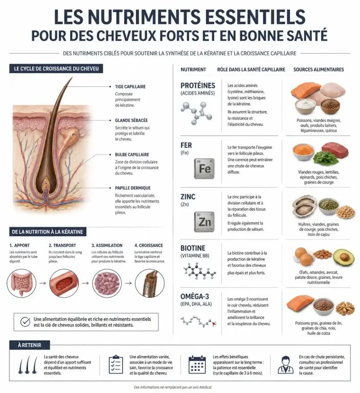 Infographie des nutriments et aliments bon pour les cheveux pour une meilleure santé capillaire