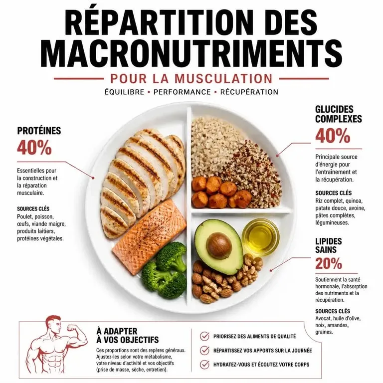 Infographie sur la répartition des macronutriments pour une nutrition pour la musculation optimale