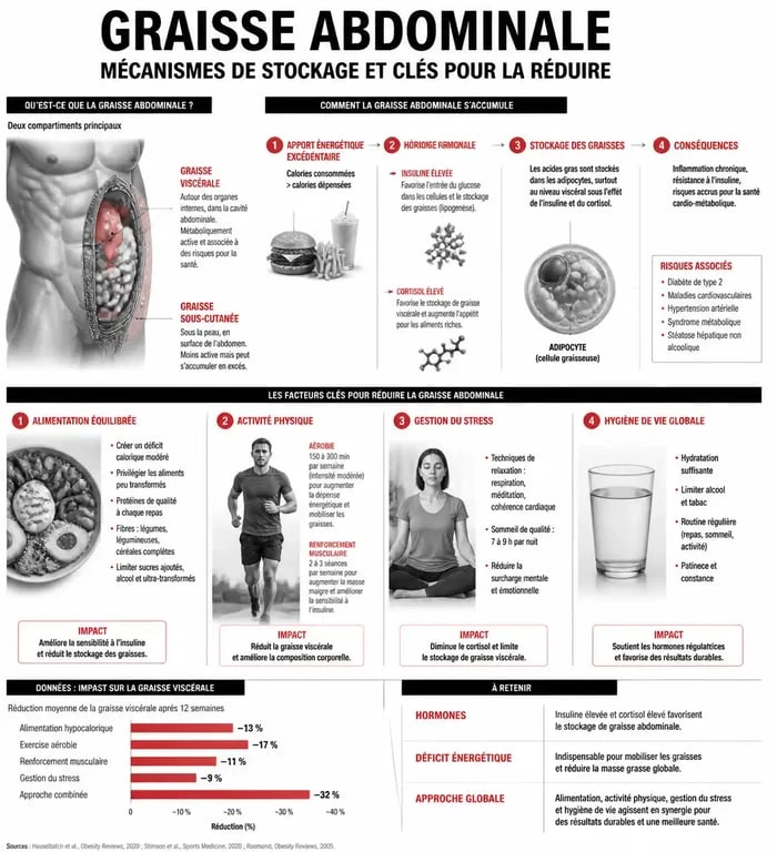 Infographie sur les causes et solutions pour maigrir du ventre et réduire la graisse viscérale