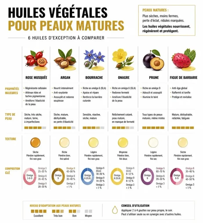 Infographie comparative des meilleures huiles visage pour peau mature : propriétés et bienfaits