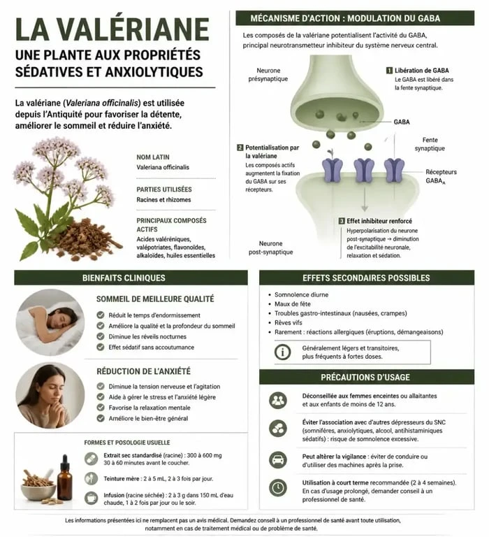 Infographie sur les bienfaits et effets secondaires de la valériane pour le sommeil et l'anxiété