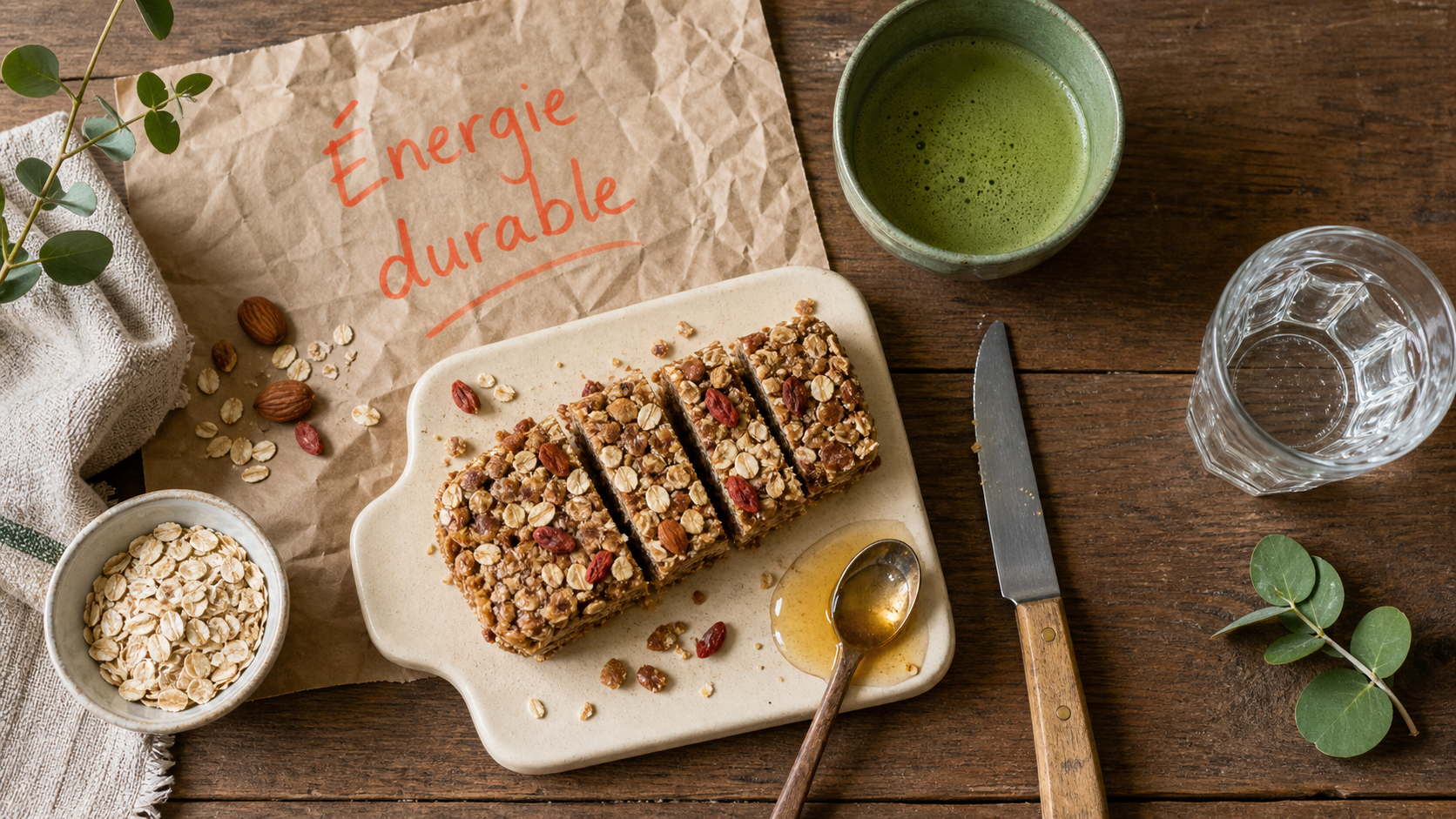 Aliment qui donne de l energie rapidement : barre d’énergie maison, flocons d’avoine et thé matcha