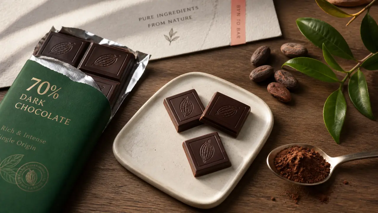 Chocolat noir 70% cacao, chocolat bon pour la sante sur table en bois