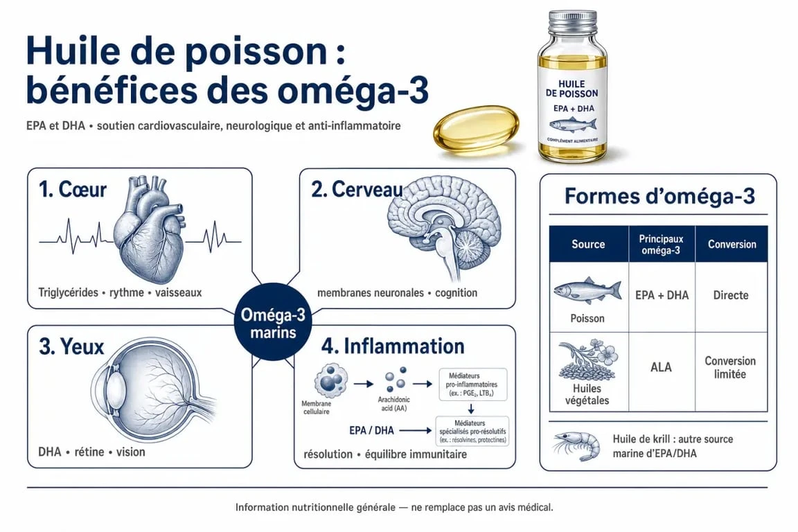 Huile de poisson bienfaits : visuel scientifique sur les effets de l’EPA et du DHA pour le cœur, le cerveau, les yeux et l’inflammation