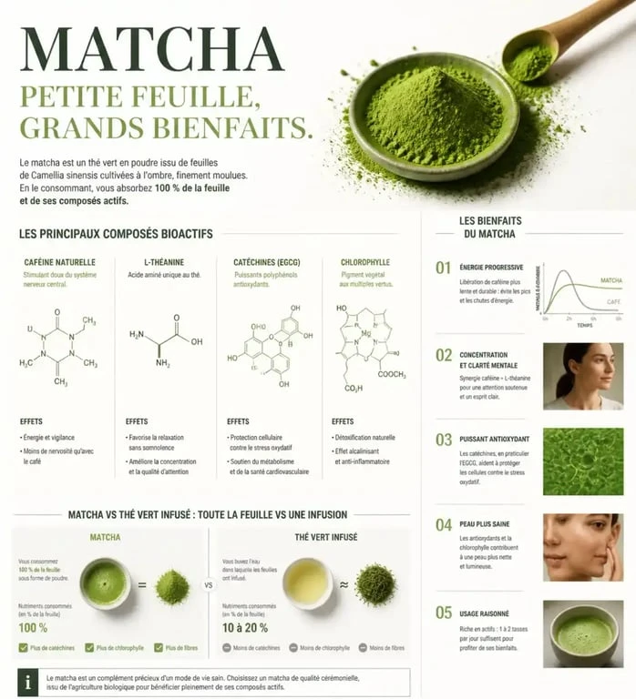 Infographie sur les bienfaits du matcha : énergie, concentration, antioxydants et comparaison avec le thé vert