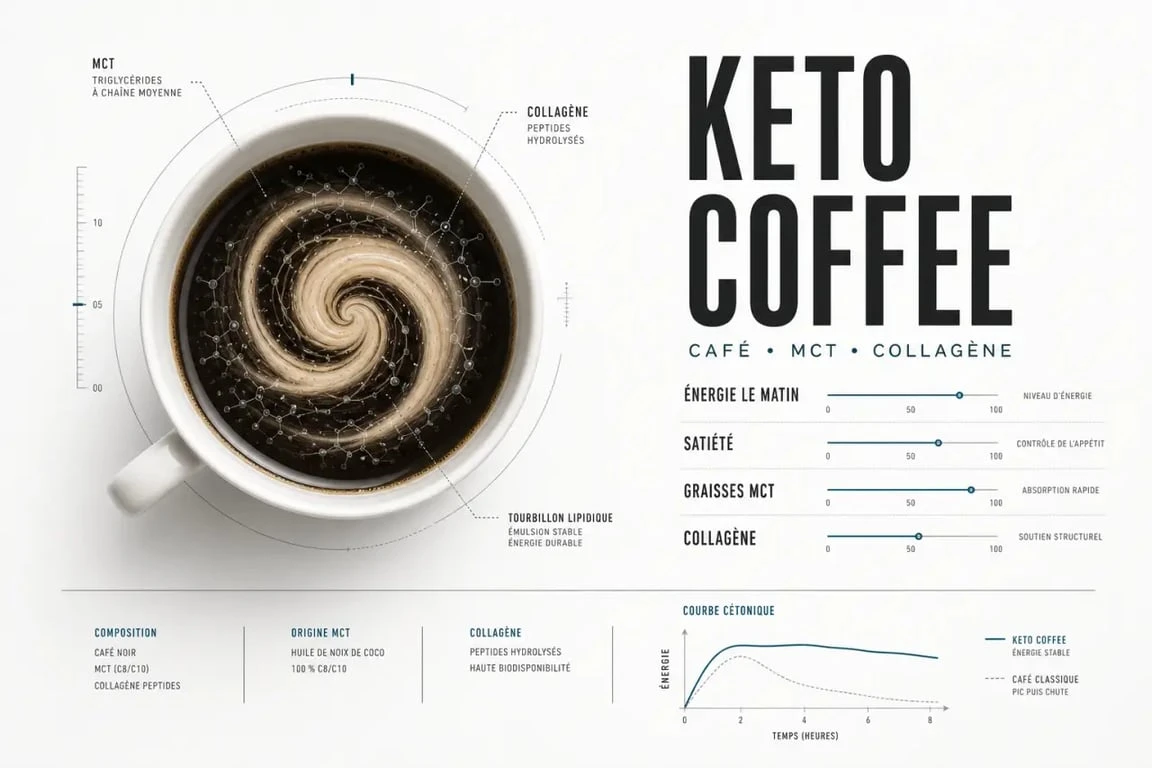 Infographie sur le keto coffee, ses ingrédients et ses effets potentiels sur l’énergie et la satiété