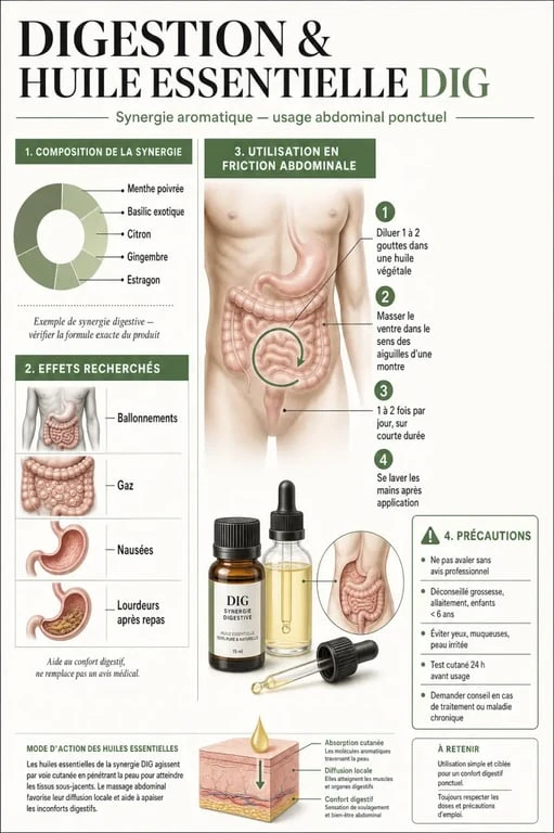 Infographie sur les bienfaits de l'huile essentielle DIG pour la digestion