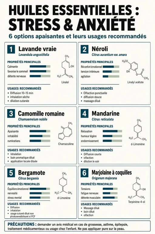 Infographie des huiles essentielles efficaces contre le stress et l'anxiété : propriétés et conseils d'utilisation