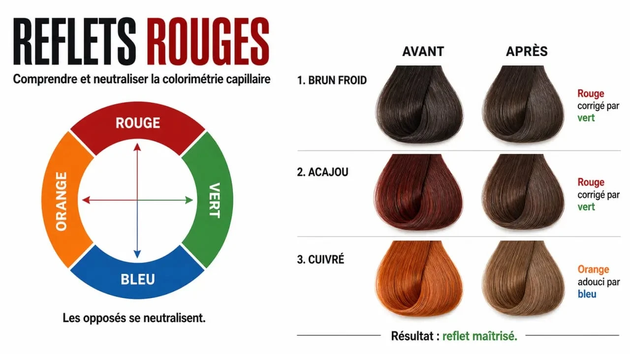 Infographie sur les reflets rouge cheveux avec cercle chromatique et correction colorée