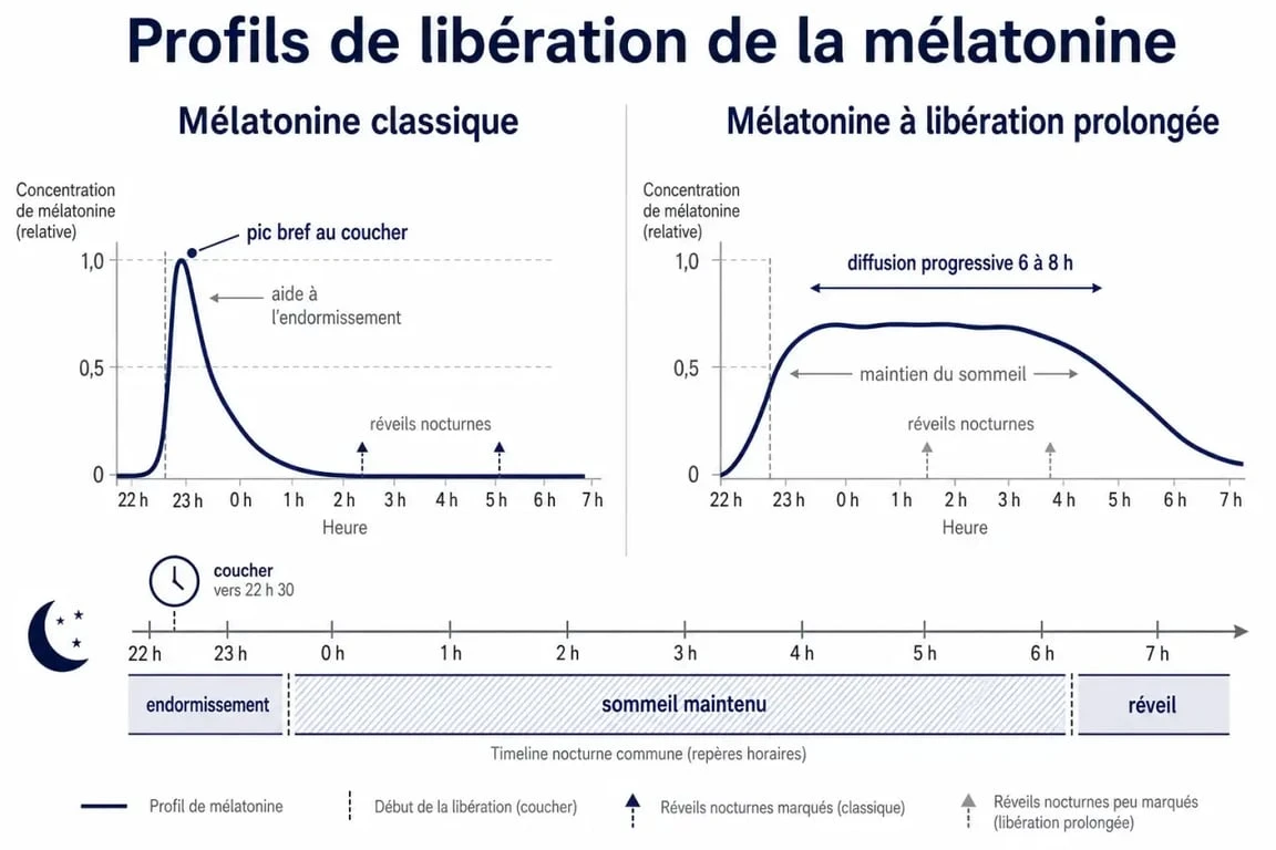 Schéma de la mélatonine à libération prolongée comparée à la mélatonine classique