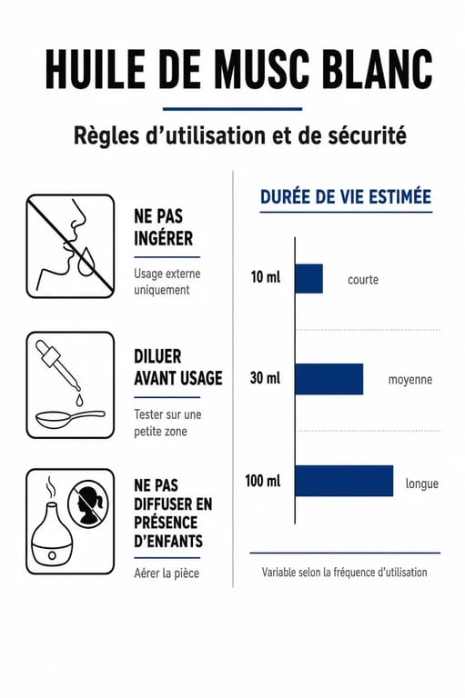 Infographie sur les conseils d'utilisation et de sécurité de l'huile essentielle de musc blanc