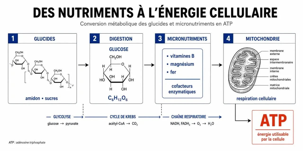 Schéma explicatif des mécanismes de transformation des nutriments en énergie pour comprendre quel aliment donne de l'énergie rapidement.